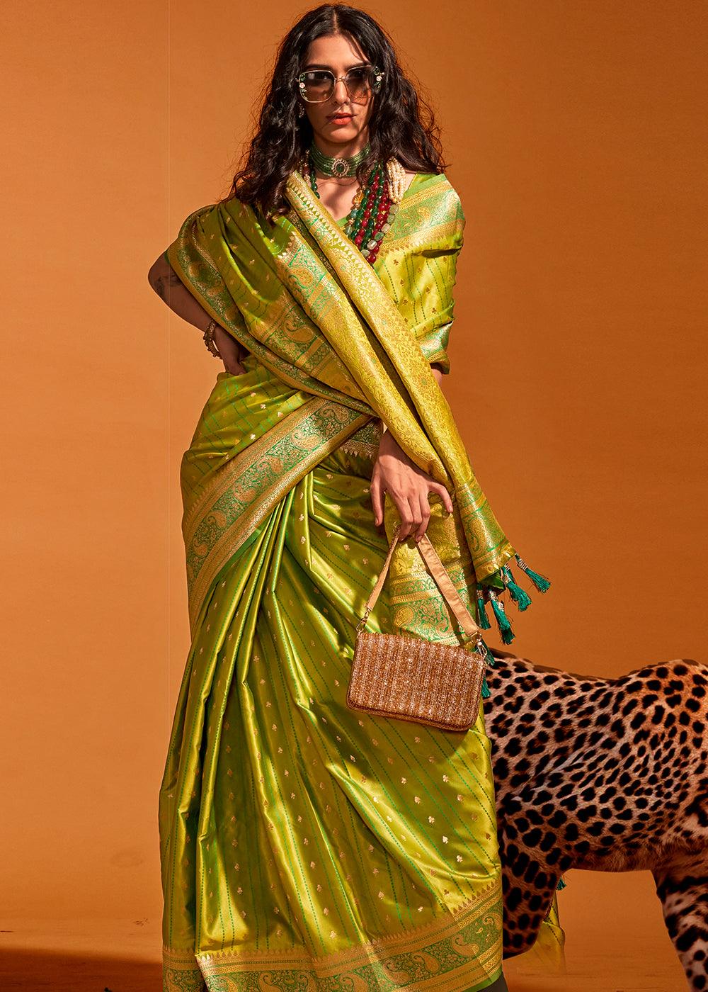 Pear Green Handloom Woven Designer Satin Silk Saree - qivii