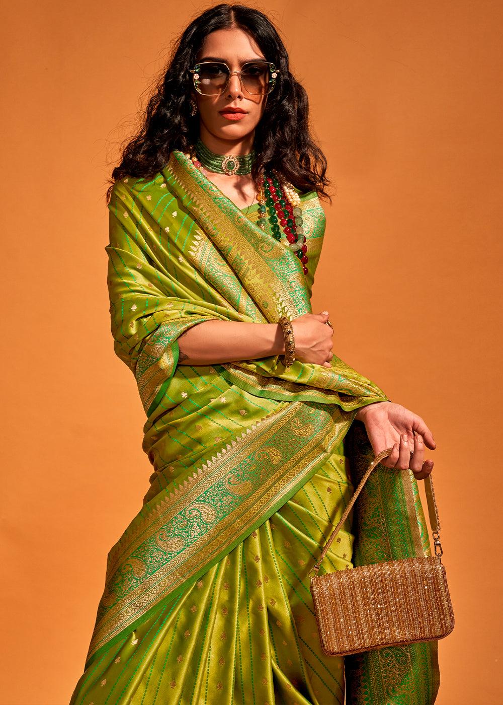 Pear Green Handloom Woven Designer Satin Silk Saree - qivii