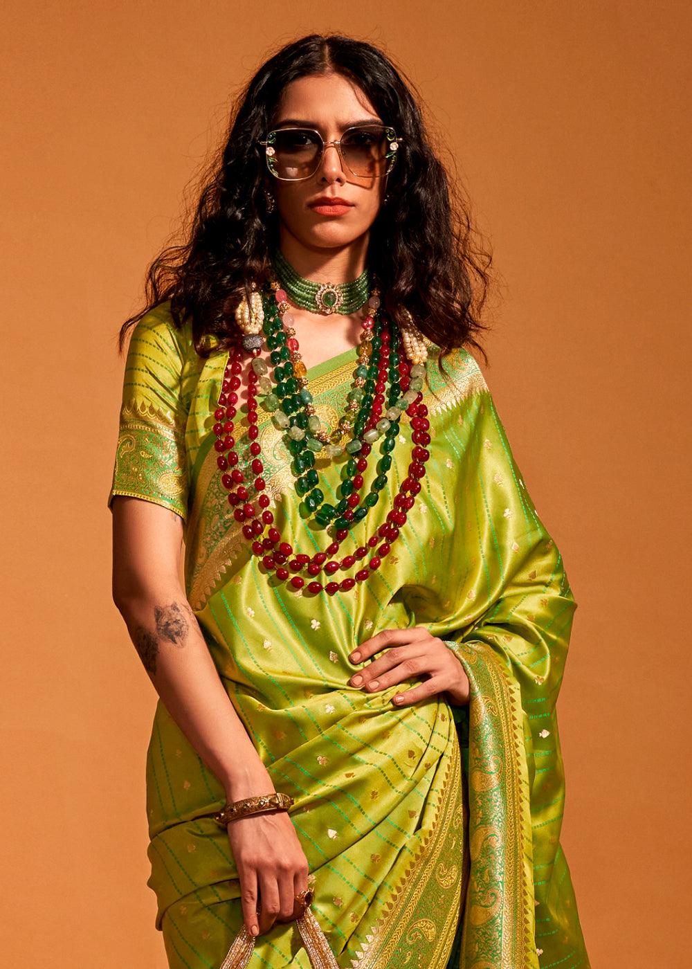 Pear Green Handloom Woven Designer Satin Silk Saree - qivii