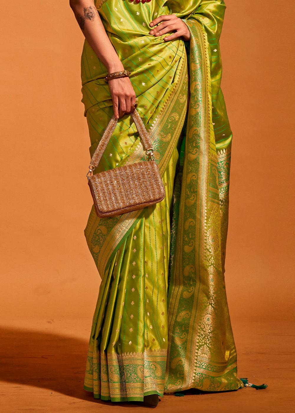 Pear Green Handloom Woven Designer Satin Silk Saree - qivii