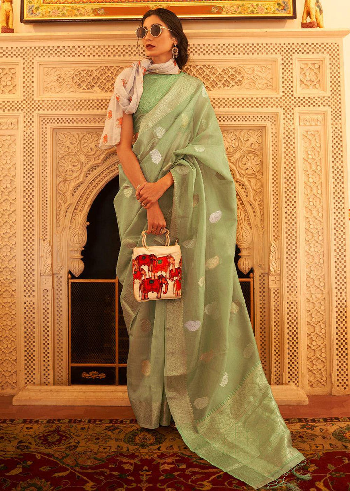 Pear Green Zari Woven Soft Tissue Silk Saree | Stitched Blouse - qivii