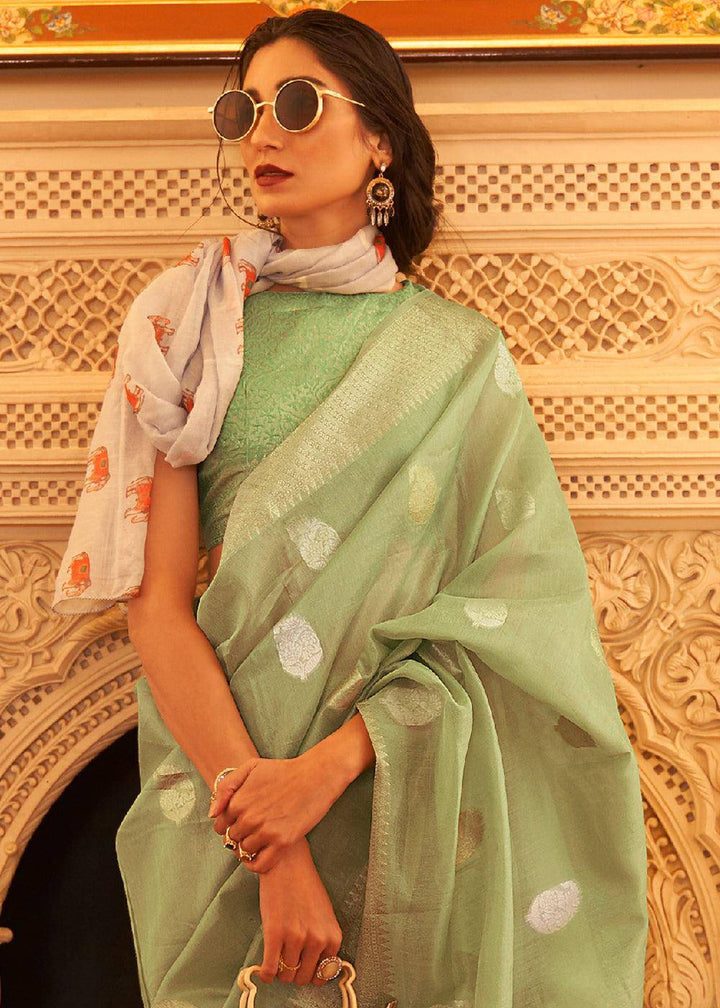 Pear Green Zari Woven Soft Tissue Silk Saree | Stitched Blouse - qivii