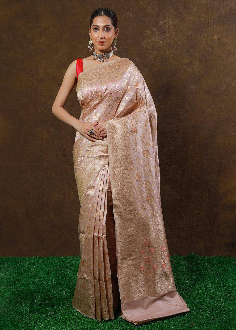 Pearl Pink Hand Woven Pure Katan Silk Saree | Stitched Blouse - qivii