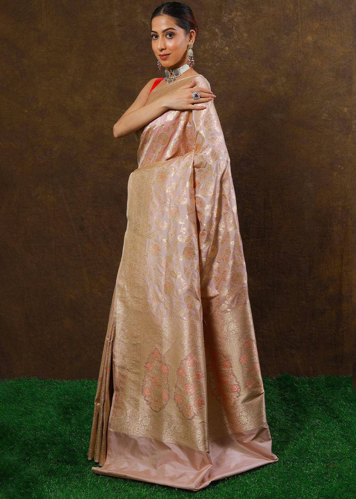 Pearl Pink Hand Woven Pure Katan Silk Saree | Stitched Blouse - qivii