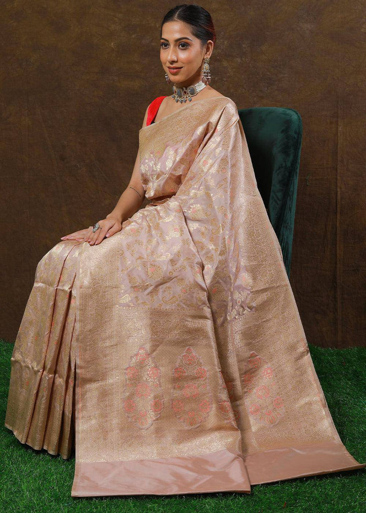 Pearl Pink Hand Woven Pure Katan Silk Saree | Stitched Blouse - qivii