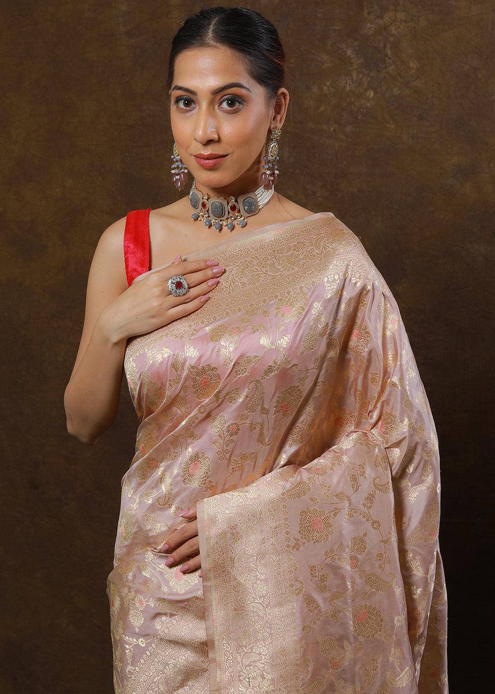 Pearl Pink Hand Woven Pure Katan Silk Saree | Stitched Blouse - qivii