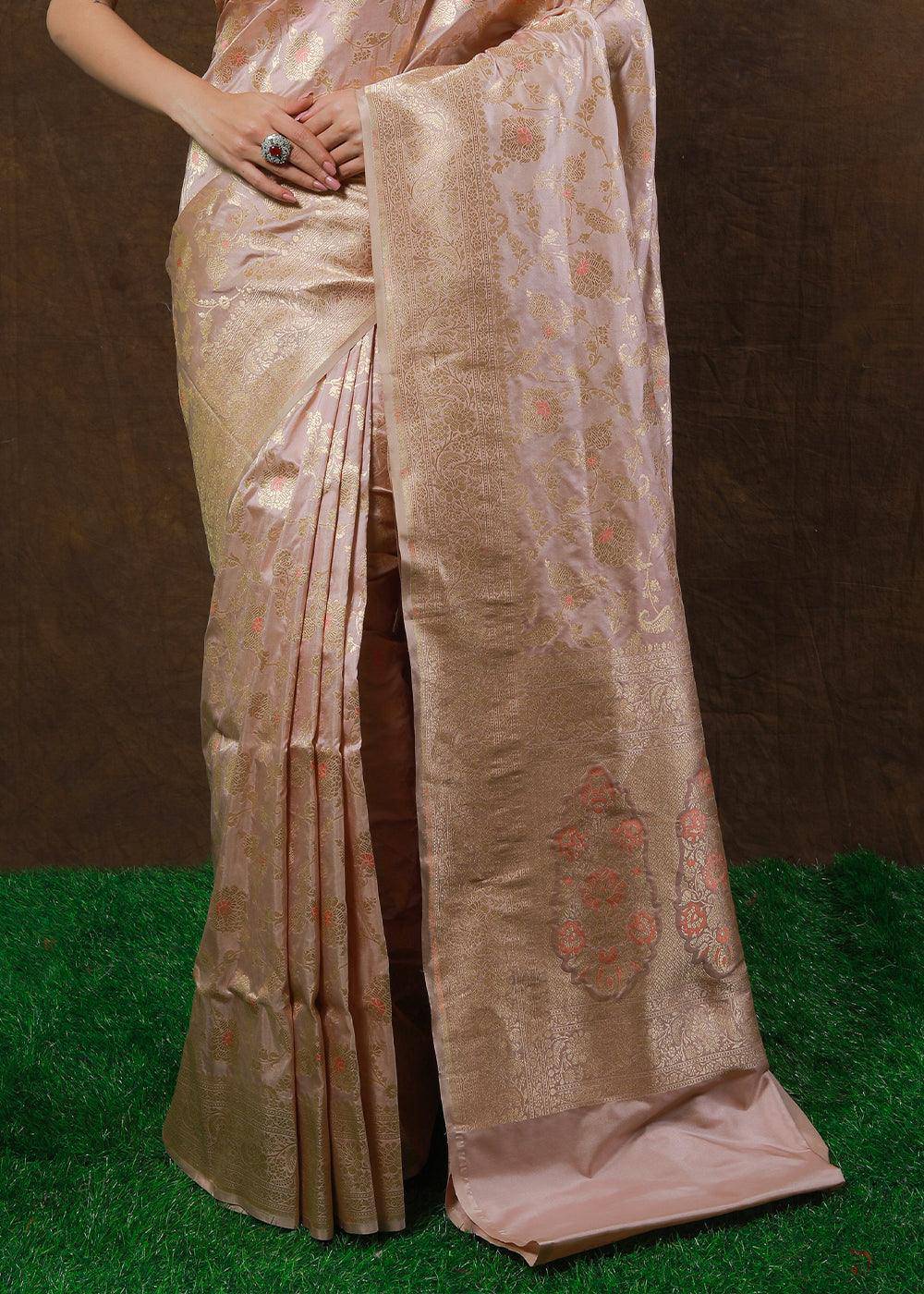 Pearl Pink Hand Woven Pure Katan Silk Saree | Stitched Blouse - qivii