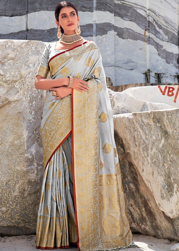 Pearl River Grey Woven Designer Silk Saree with Butti overall | Stitched Blouse - qivii