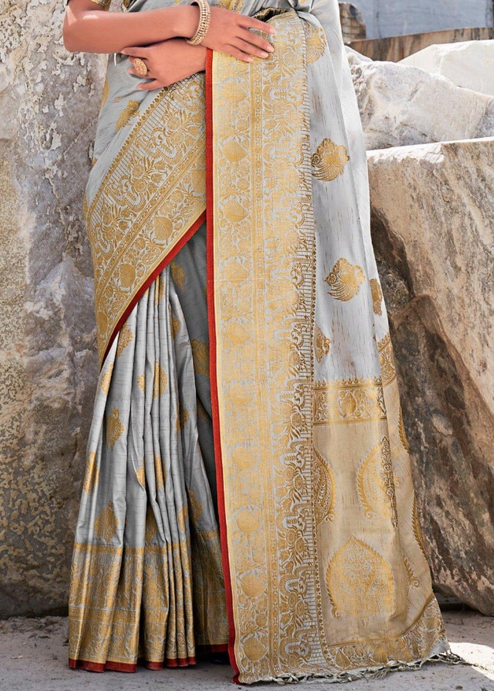 Pearl River Grey Woven Designer Silk Saree with Butti overall | Stitched Blouse - qivii