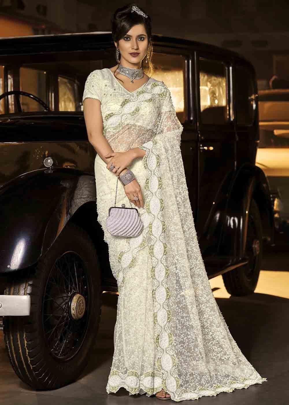 Pearl White Designer Net Saree with Jari, Thread, Diamond & Moti work | Stitched Blouse - qivii