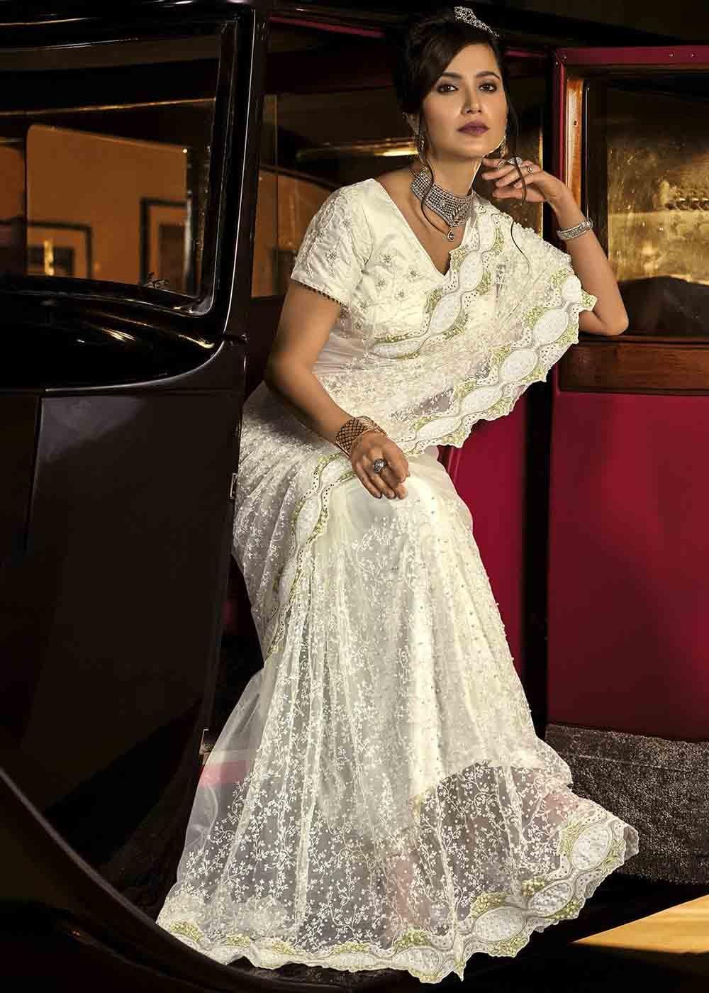 Pearl White Designer Net Saree with Jari, Thread, Diamond & Moti work | Stitched Blouse - qivii