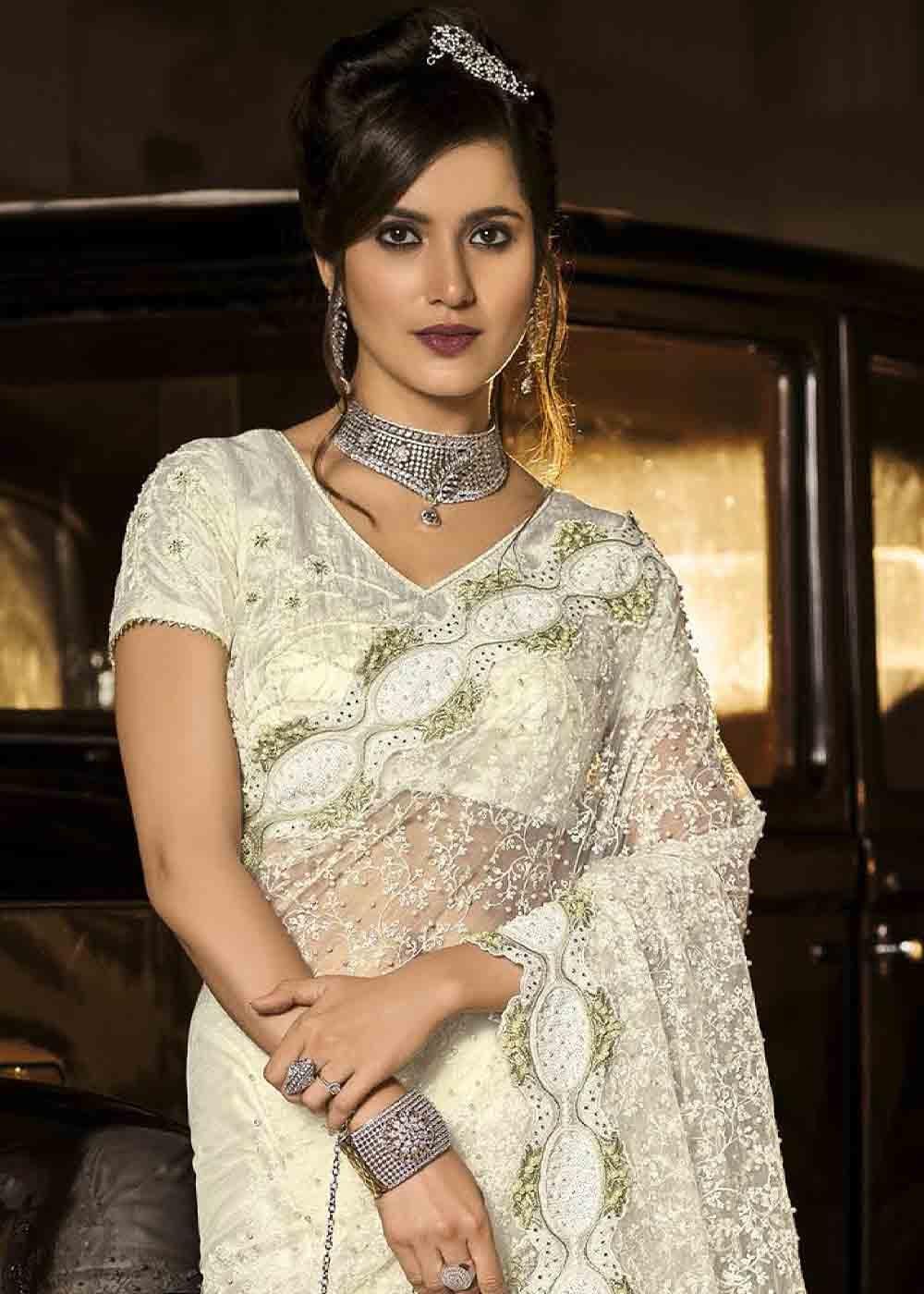 Pearl White Designer Net Saree with Jari, Thread, Diamond & Moti work | Stitched Blouse - qivii