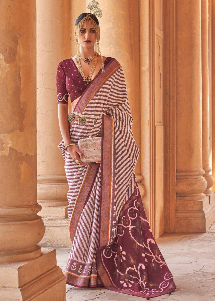 Pearl White Designer Printed Silk Saree with Contrast Blouse & Pallu | Stitched Blouse - qivii