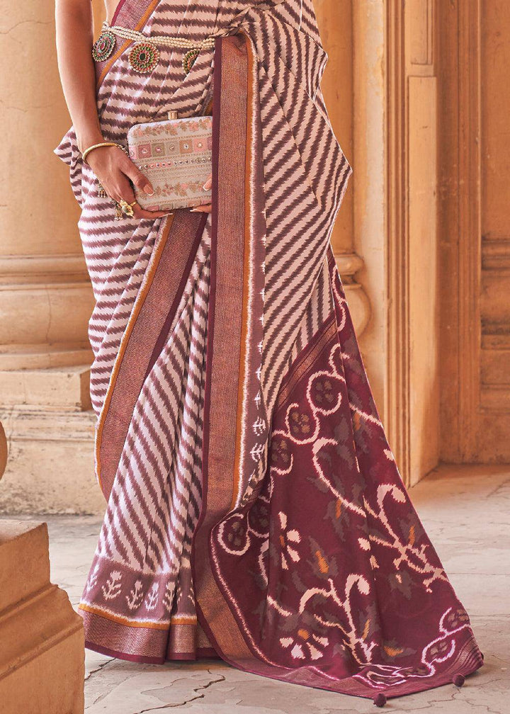 Pearl White Designer Printed Silk Saree with Contrast Blouse & Pallu | Stitched Blouse - qivii