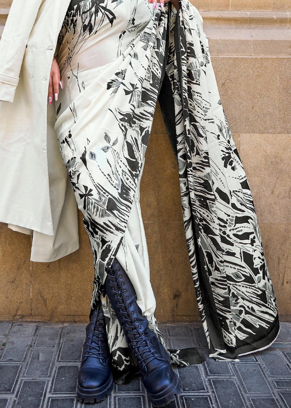 Pearl White Designer Satin Crepe Printed Saree | Stitched Blouse - qivii