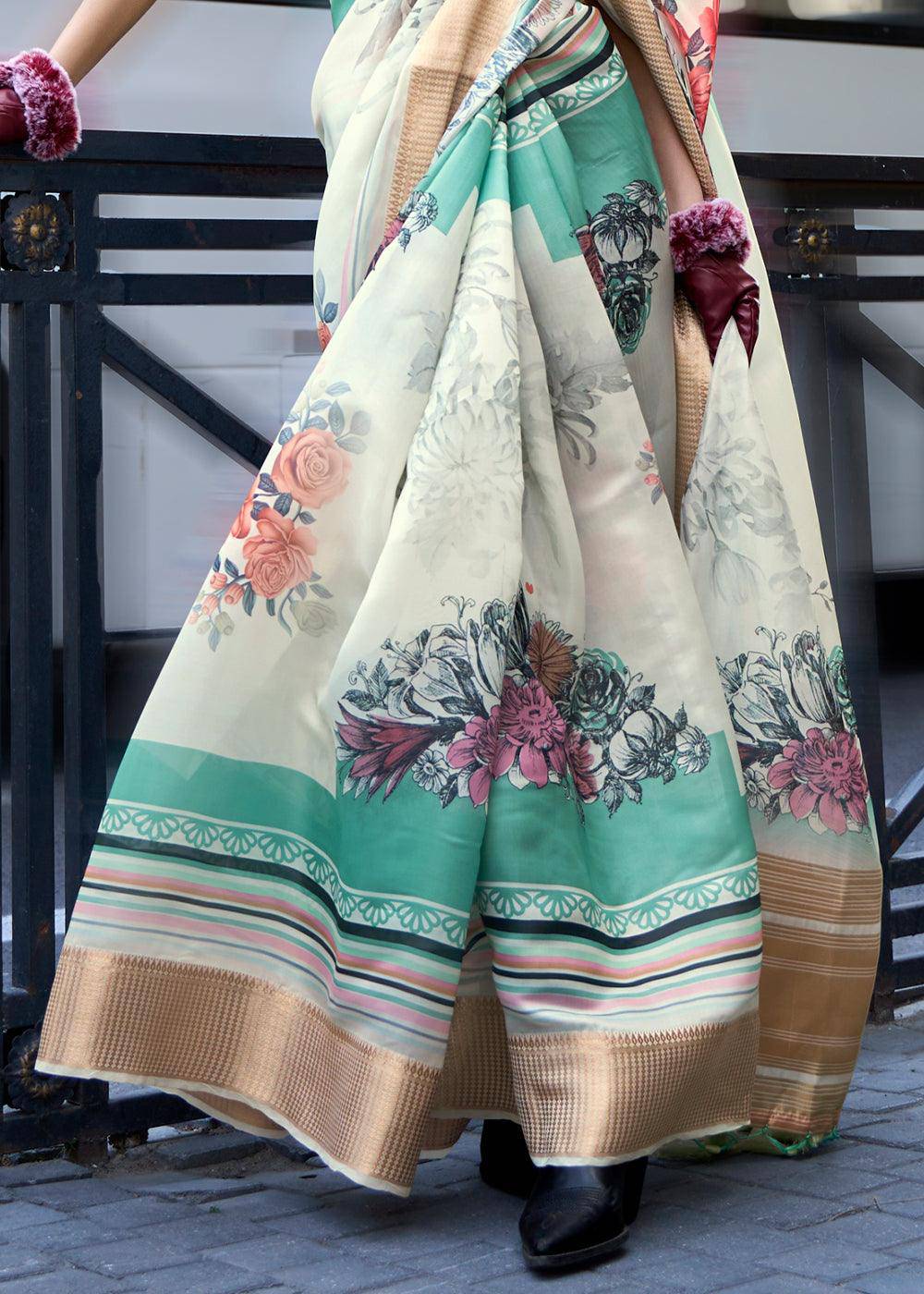 Pearl White Floral Printed Satin Organza Saree | Stitched Blouse - qivii