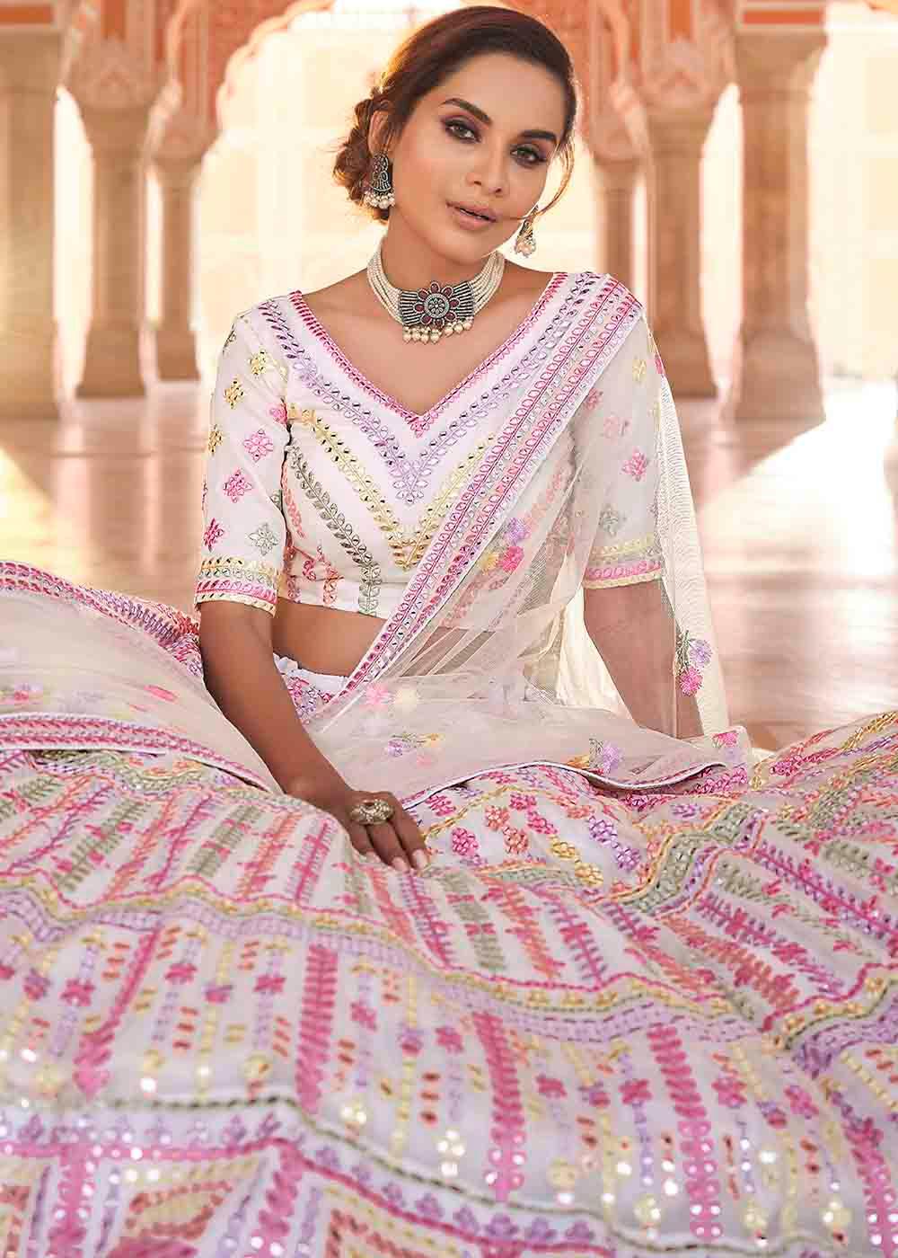 Pearl White Organza Lehenga Choli with Thread & Gota work - qivii