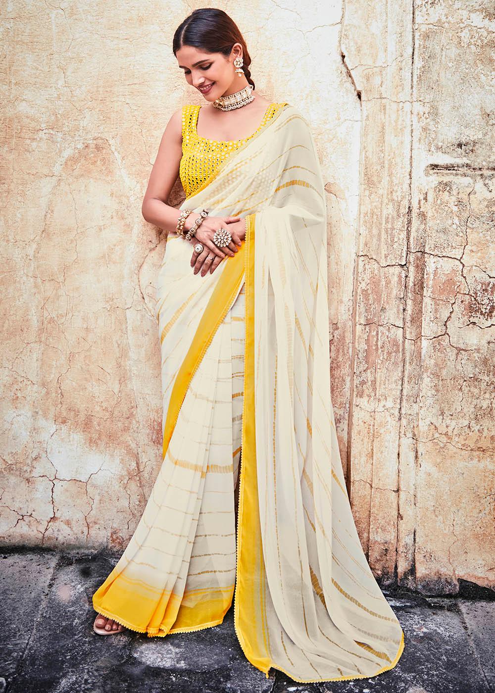 Pearl White Printed Georgette Saree with Gota & Thread work | Stitched Blouse - qivii