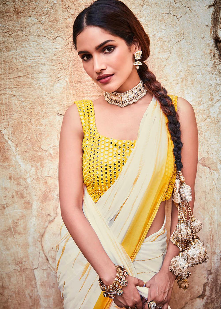 Pearl White Printed Georgette Saree with Gota & Thread work | Stitched Blouse - qivii