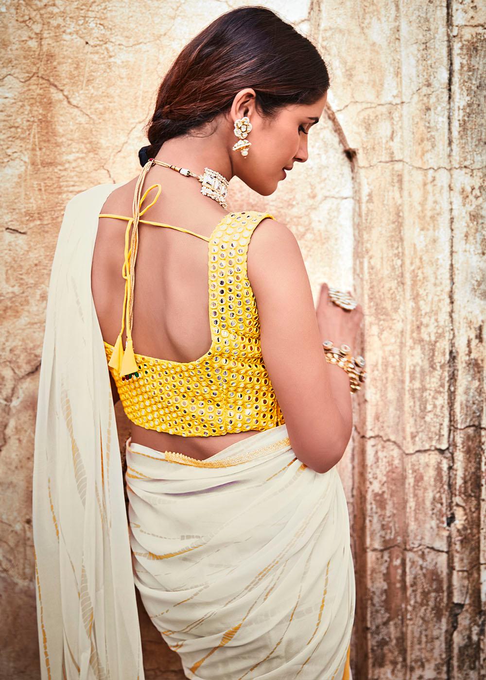 Pearl White Printed Georgette Saree with Gota & Thread work | Stitched Blouse - qivii