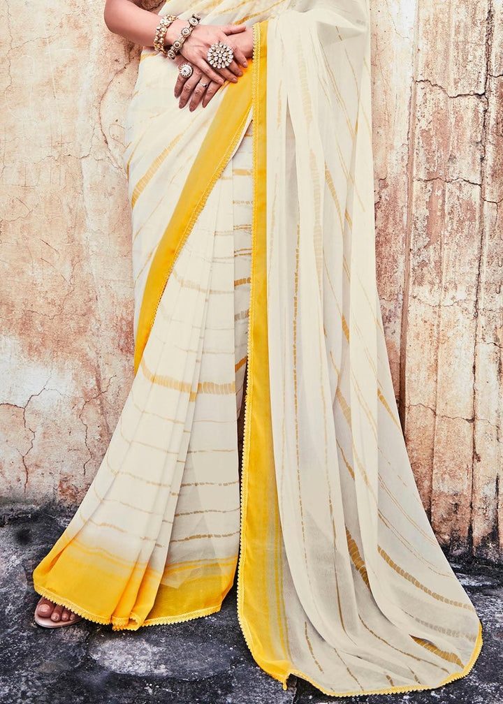 Pearl White Printed Georgette Saree with Gota & Thread work | Stitched Blouse - qivii