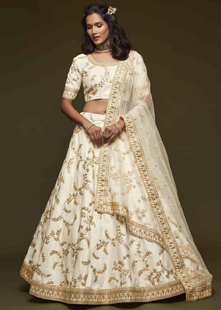 Pearl White Silk Lehenga Choli with Thread,Zari,Dori & Sequins work - qivii