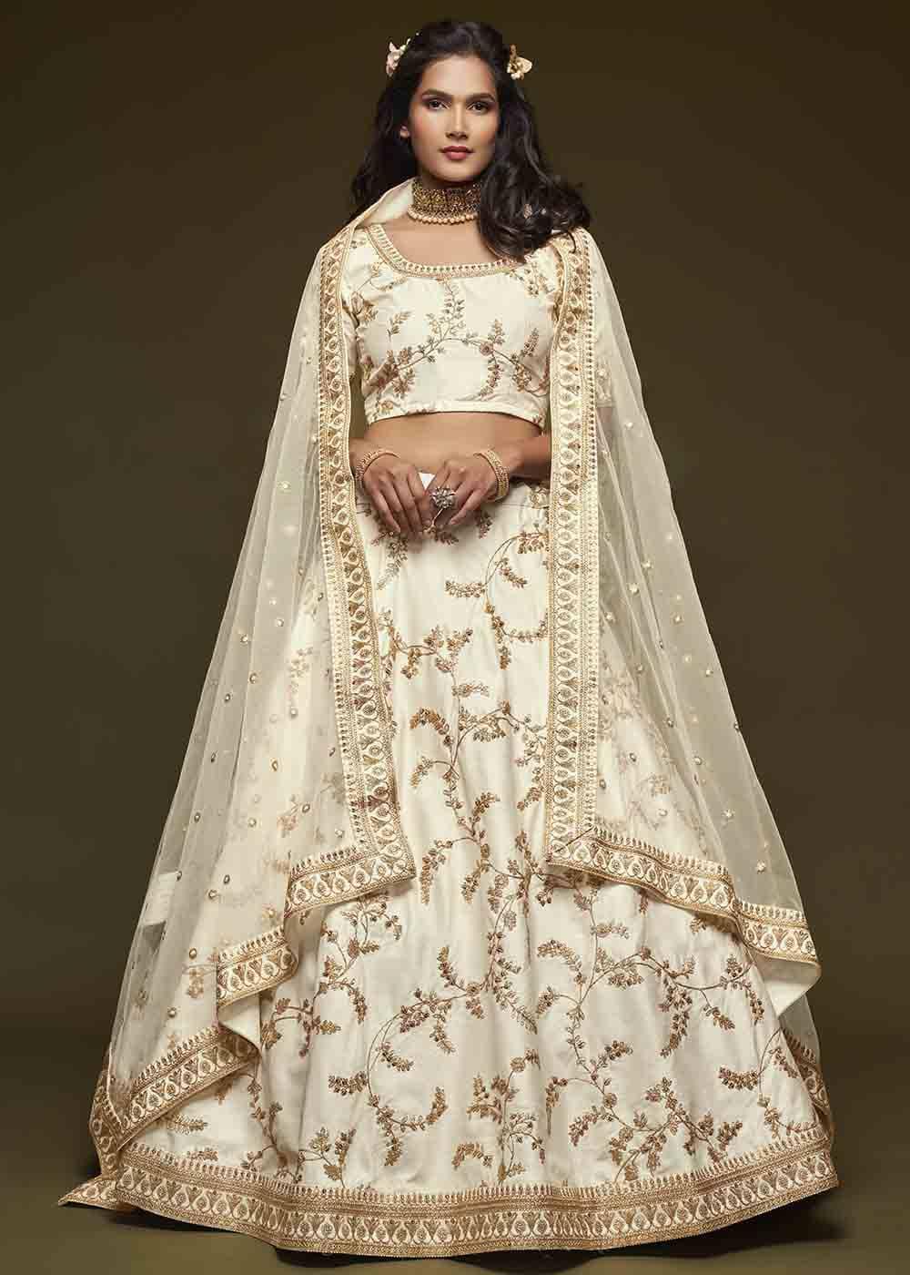 Pearl White Silk Lehenga Choli with Thread,Zari,Dori & Sequins work - qivii