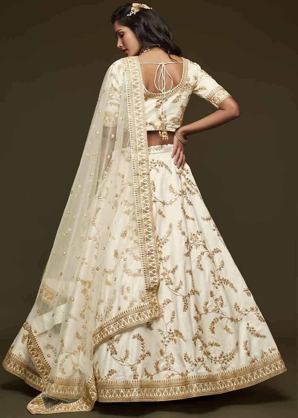 Pearl White Silk Lehenga Choli with Thread,Zari,Dori & Sequins work - qivii