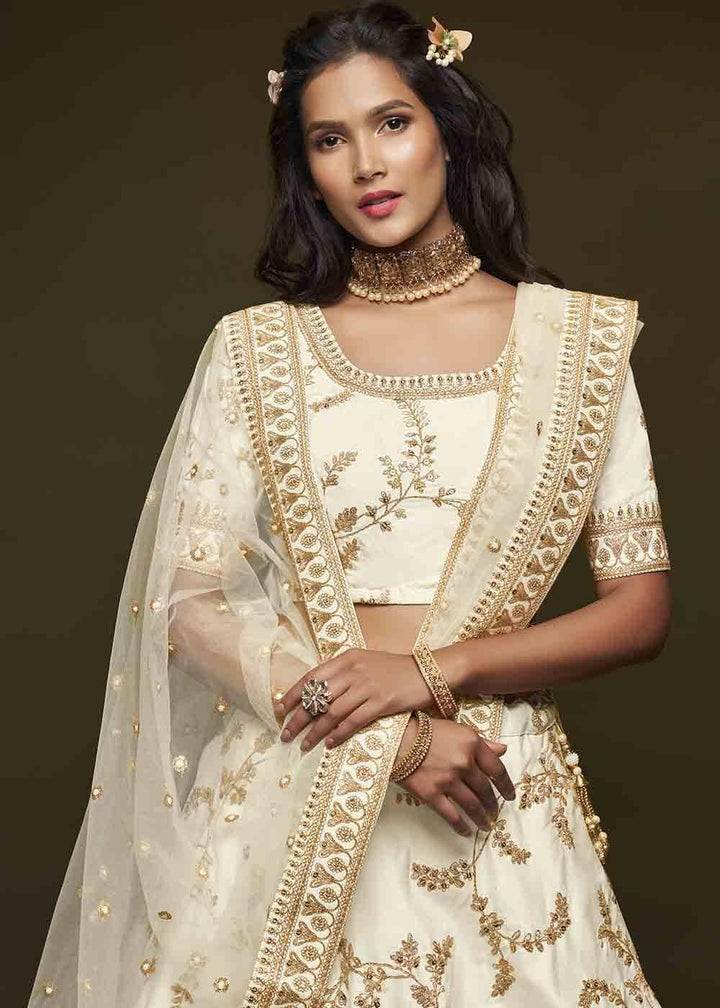 Pearl White Silk Lehenga Choli with Thread,Zari,Dori & Sequins work - qivii