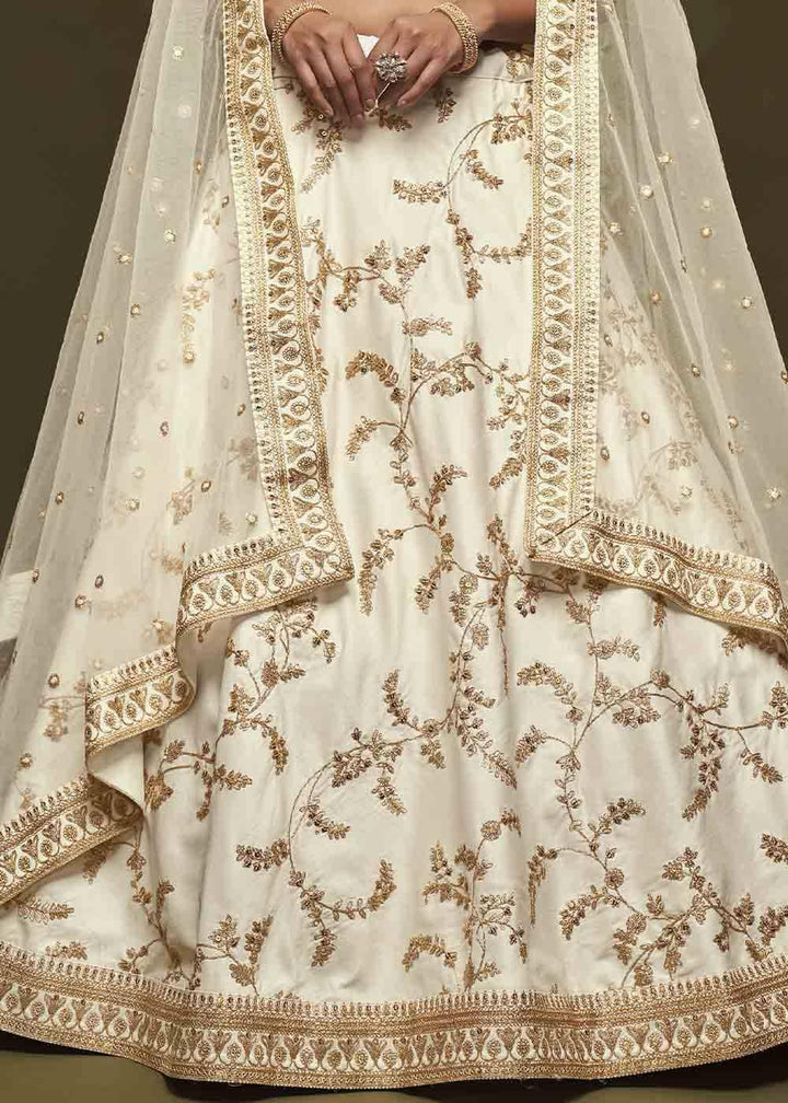 Pearl White Silk Lehenga Choli with Thread,Zari,Dori & Sequins work - qivii