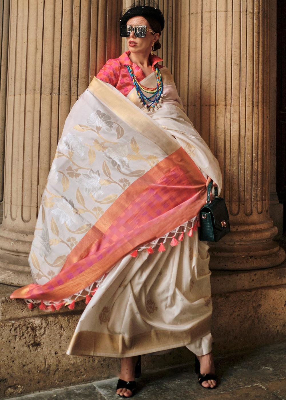 Pearl White Zari Handloom Woven Soft Silk Saree - qivii