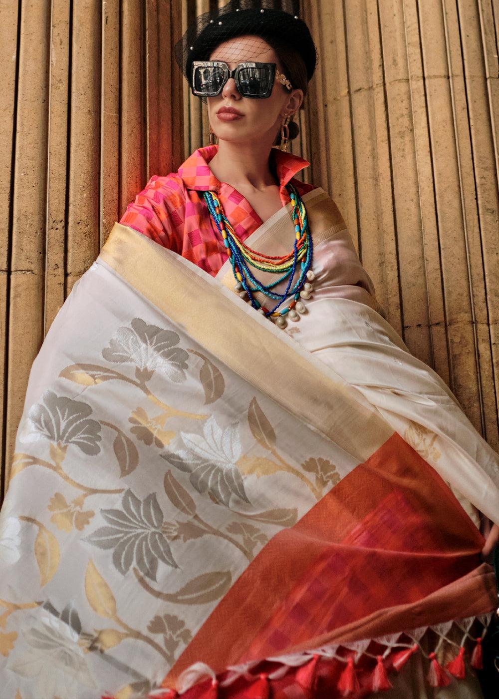 Pearl White Zari Handloom Woven Soft Silk Saree - qivii