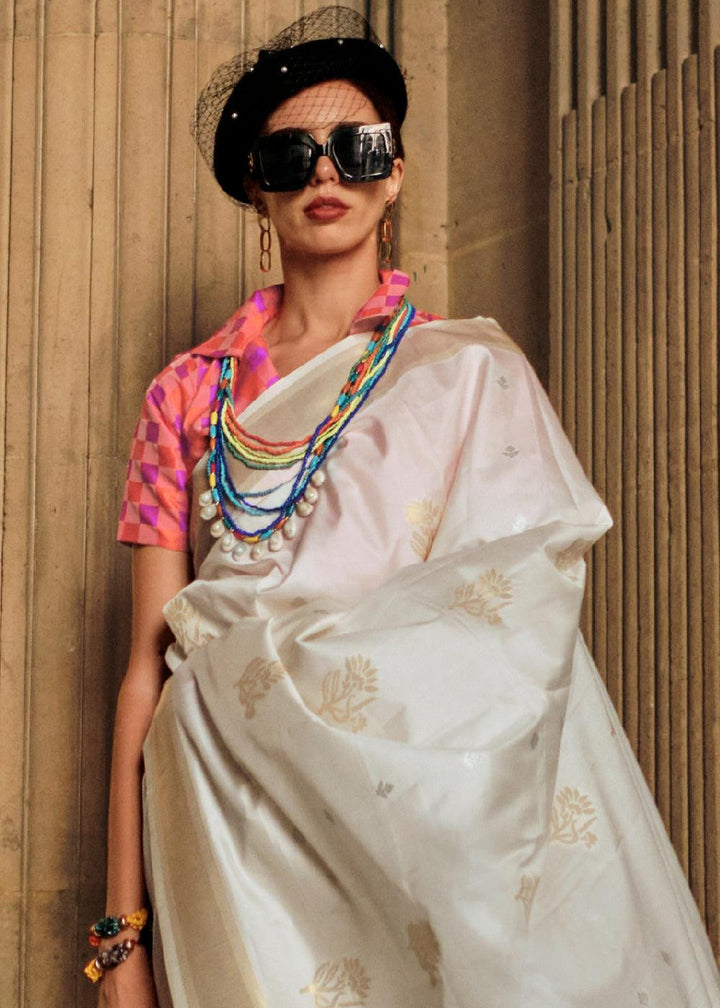 Pearl White Zari Handloom Woven Soft Silk Saree - qivii