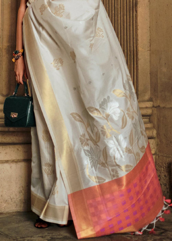 Pearl White Zari Handloom Woven Soft Silk Saree - qivii