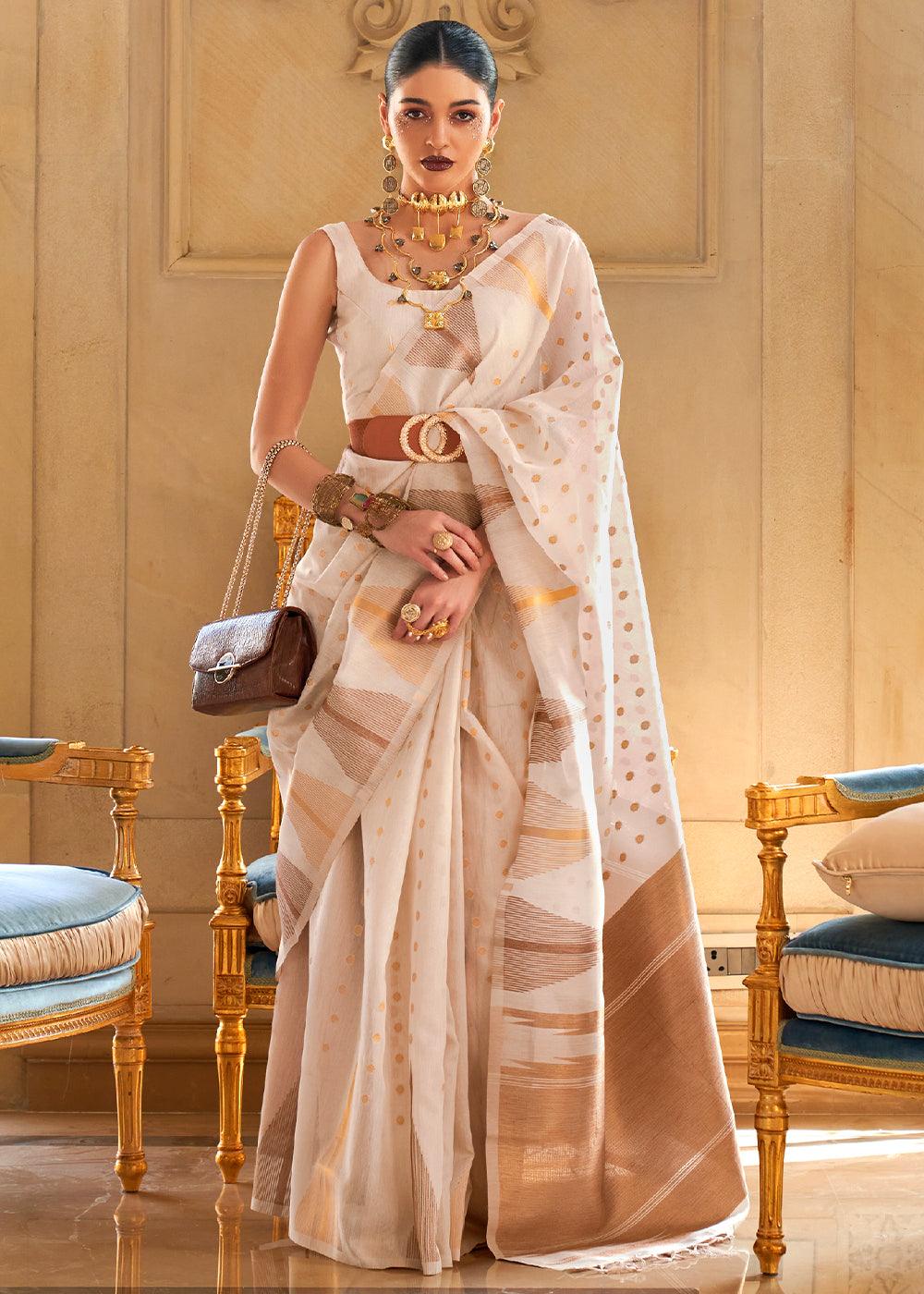 Pearl White Zari Handloom Woven Tissue Silk Saree - qivii