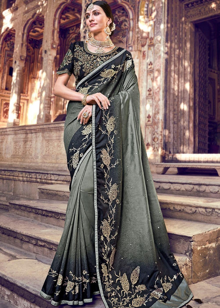 Pebble Black Banarasi Silk Saree with Embroidered Silk Blouse | Stitched Blouse - qivii