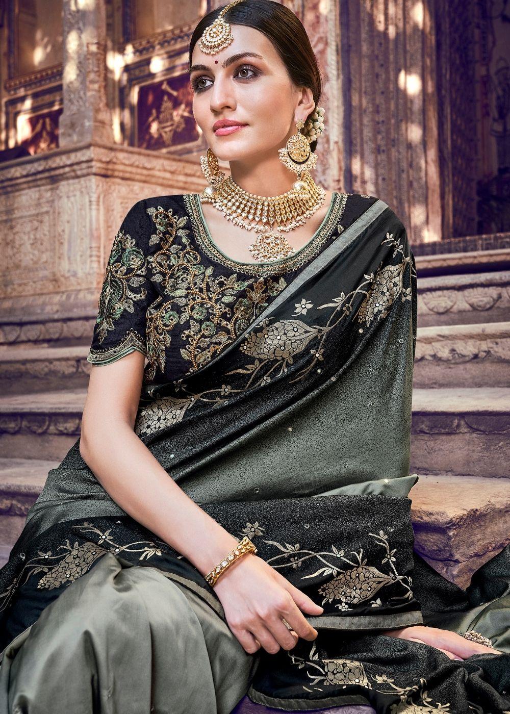 Pebble Black Banarasi Silk Saree with Embroidered Silk Blouse | Stitched Blouse - qivii