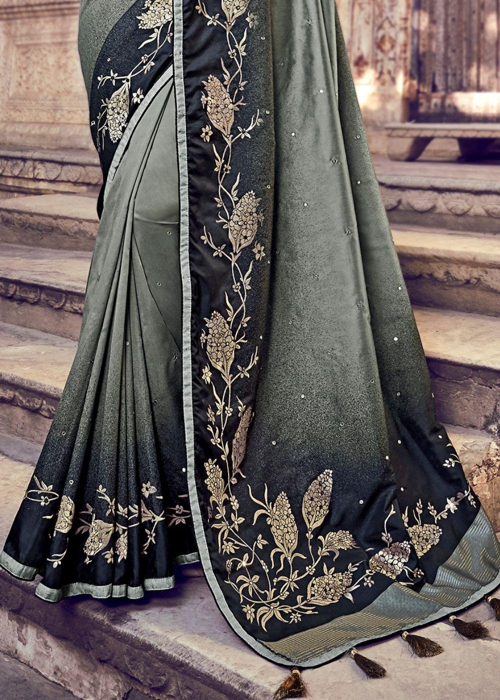 Pebble Black Banarasi Silk Saree with Embroidered Silk Blouse | Stitched Blouse - qivii