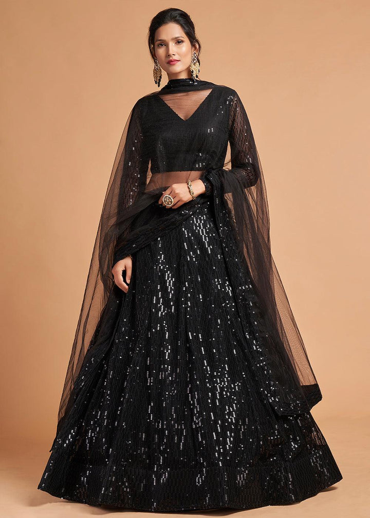 Pebble Black Designer Soft Net Lehenga Choli with Thread & Sequins work - qivii