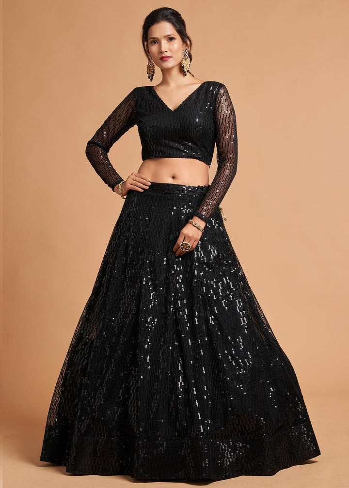 Pebble Black Designer Soft Net Lehenga Choli with Thread & Sequins work - qivii