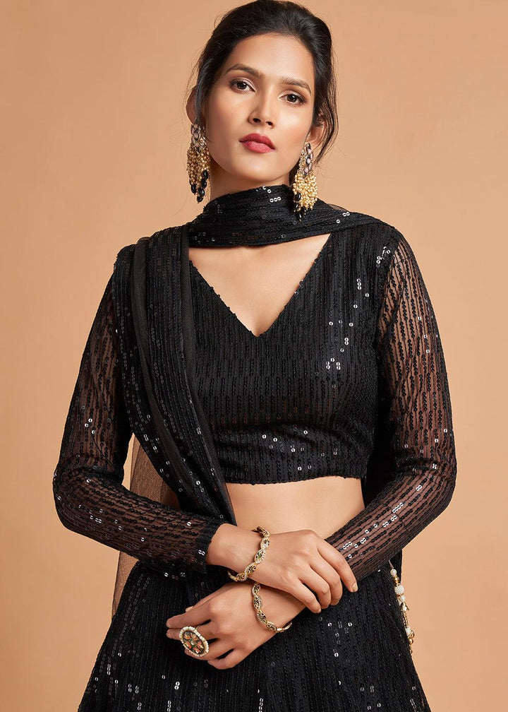 Pebble Black Designer Soft Net Lehenga Choli with Thread & Sequins work - qivii