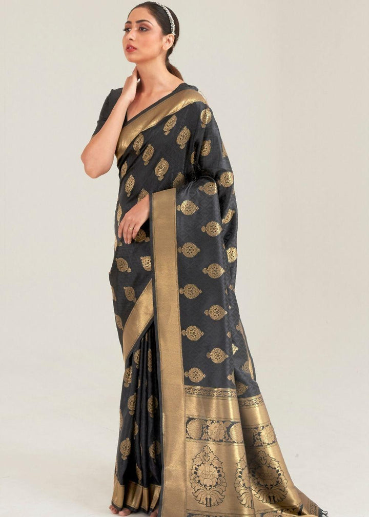 Pebble Grey Zari Butta Woven Banasari Silk Saree | Stitched Blouse - qivii