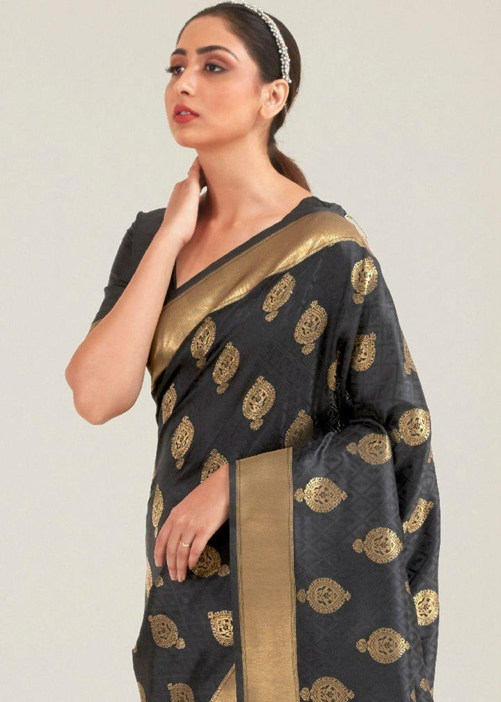 Pebble Grey Zari Butta Woven Banasari Silk Saree | Stitched Blouse - qivii