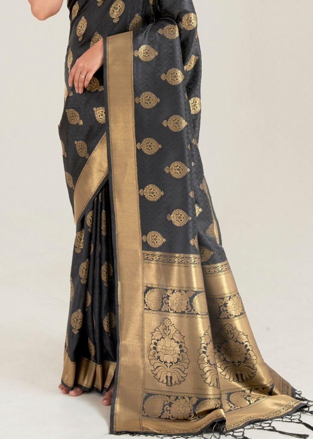 Pebble Grey Zari Butta Woven Banasari Silk Saree | Stitched Blouse - qivii