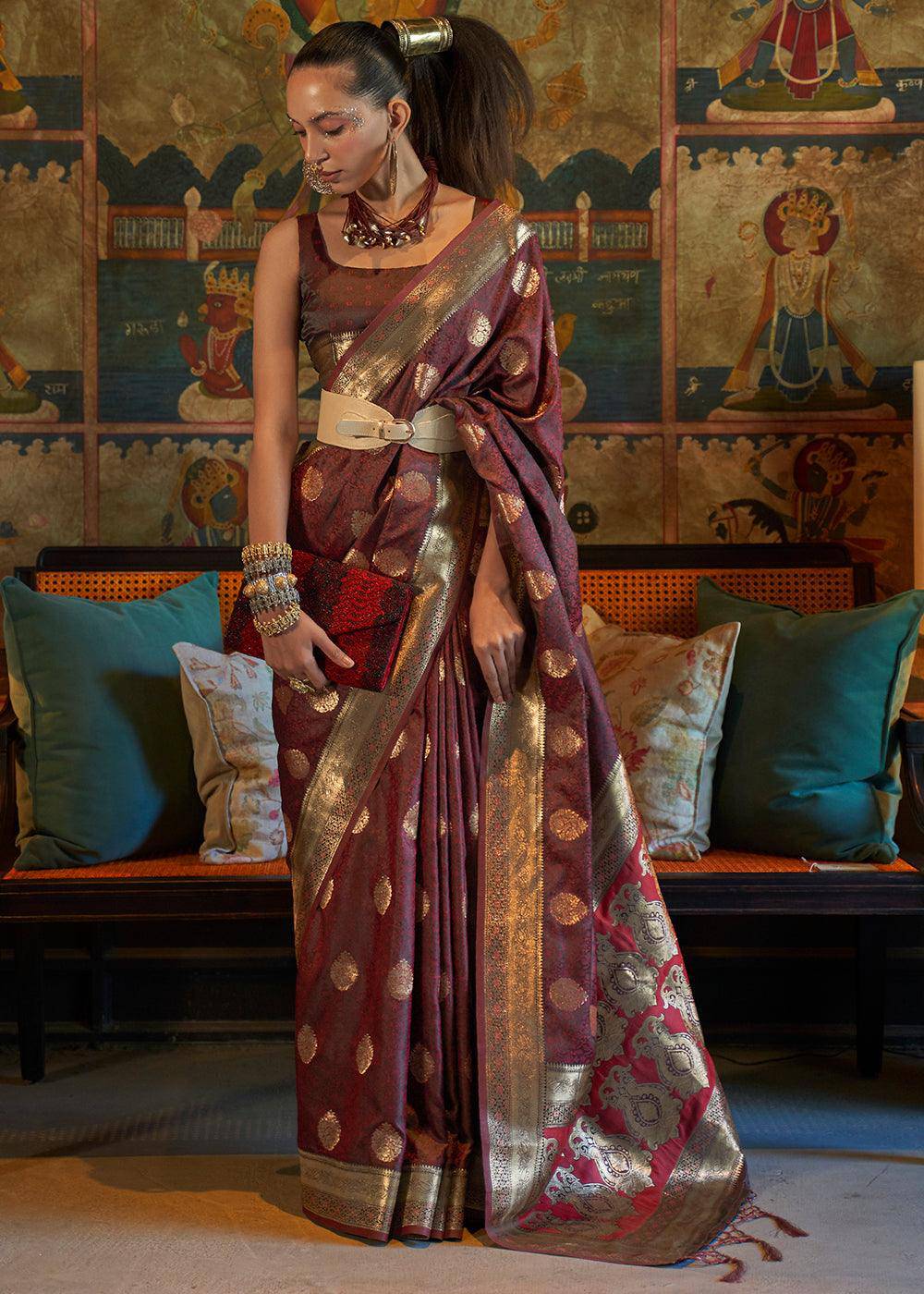 Pecan Brown Tanchoi Handloom Woven Satin Silk Saree | Stitched Blouse - qivii