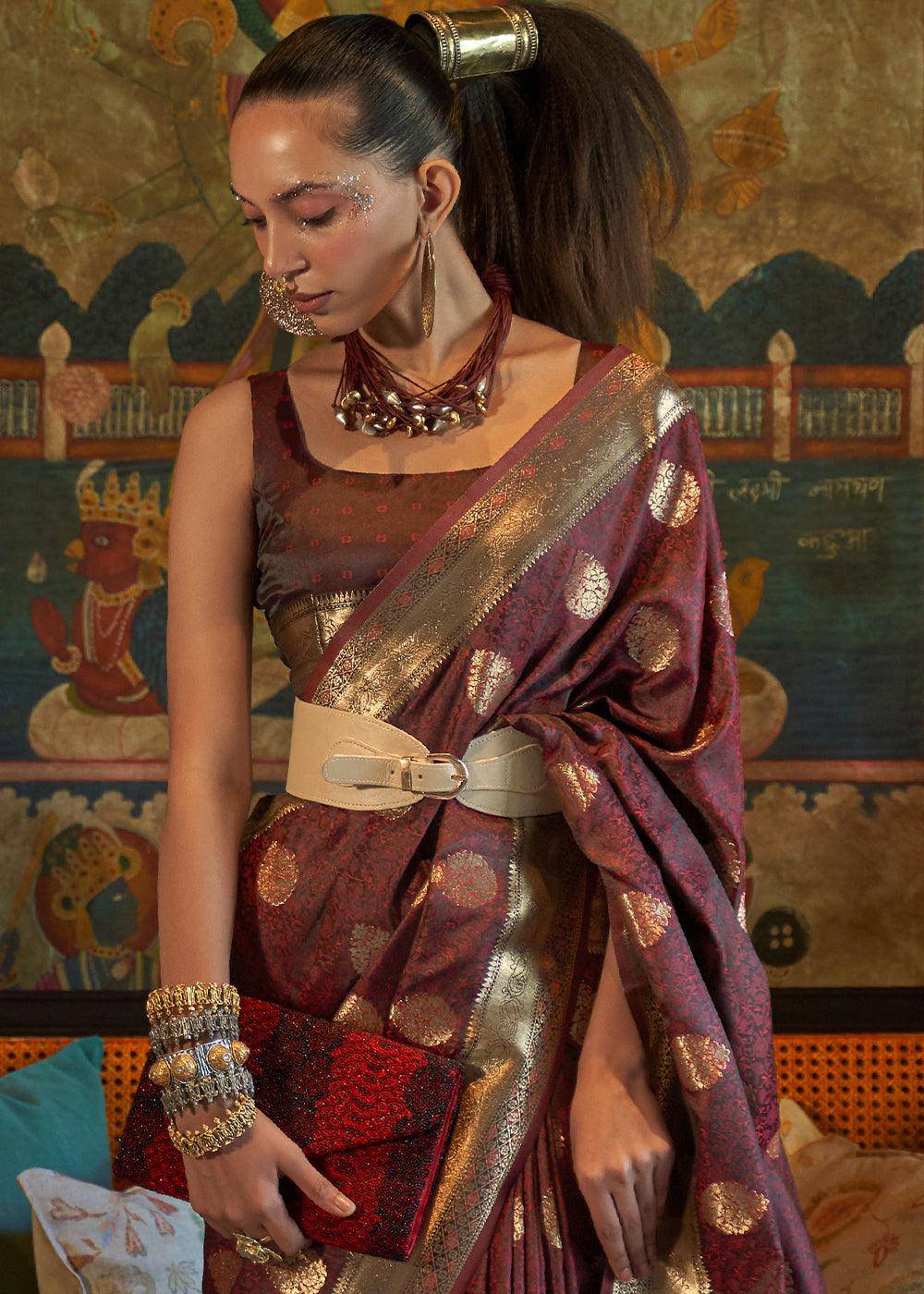 Pecan Brown Tanchoi Handloom Woven Satin Silk Saree | Stitched Blouse - qivii