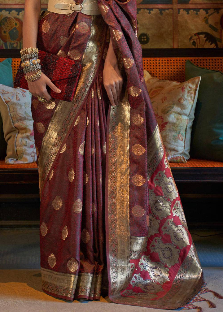 Pecan Brown Tanchoi Handloom Woven Satin Silk Saree | Stitched Blouse - qivii