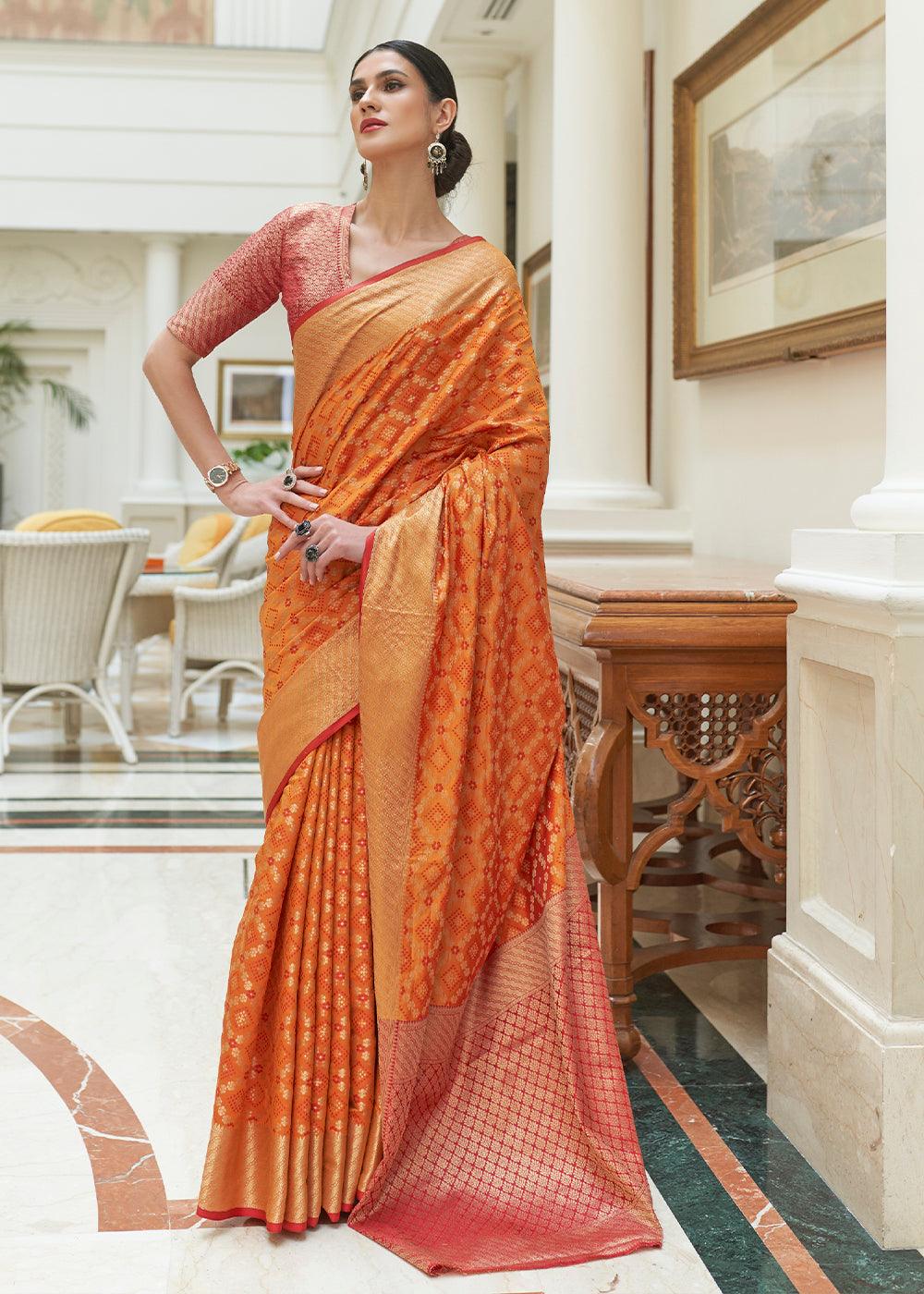 Peel Orange Handloom Patola Weave Silk Saree | Stitched Blouse - qivii