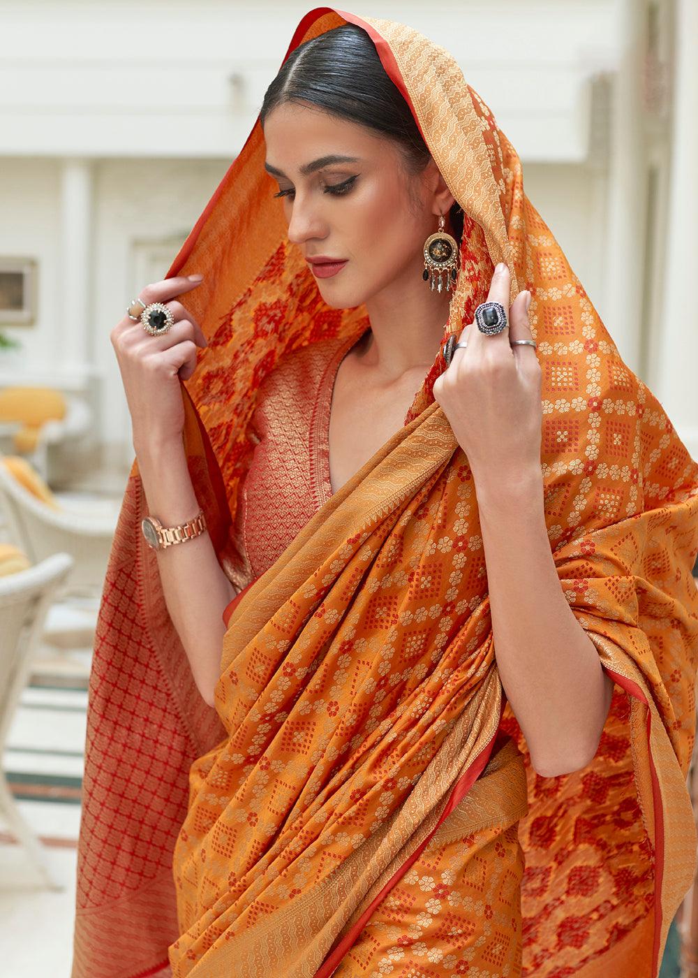 Peel Orange Handloom Patola Weave Silk Saree | Stitched Blouse - qivii