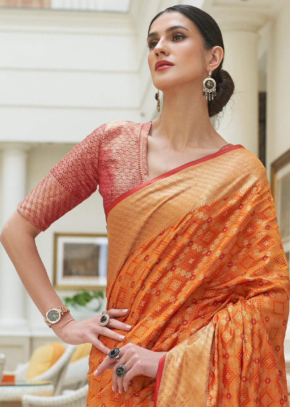 Peel Orange Handloom Patola Weave Silk Saree | Stitched Blouse - qivii